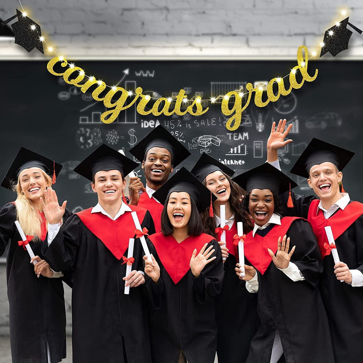 Congratulations Graduation Banner Decorations Bunting LED Lights Backdrop Party