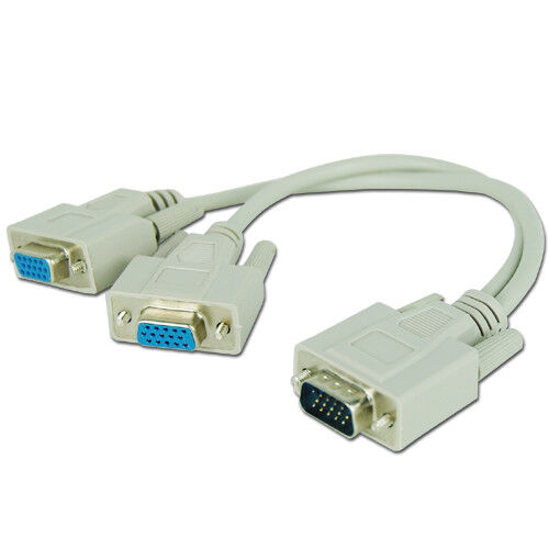 1 PC to 2 Way VGA SVGA Monitor Y Splitter Cable Lead 15Pin Male Female LCD TFT