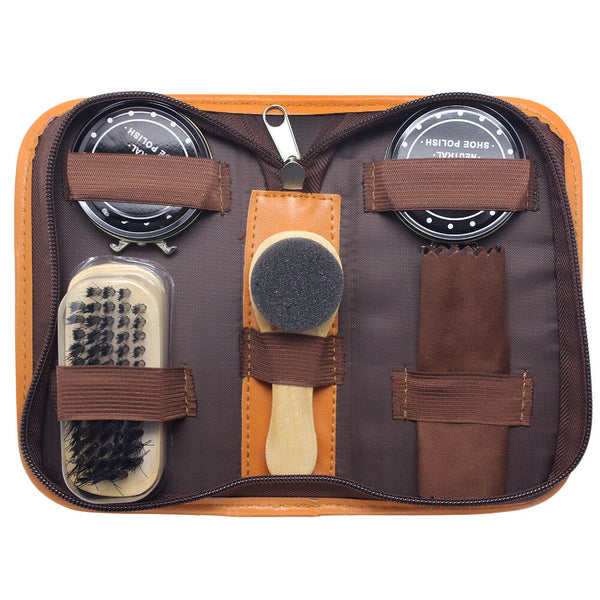Black & Neutral Shoe Shine Polish Cleaning Brushes Set Kit in Travel Case 