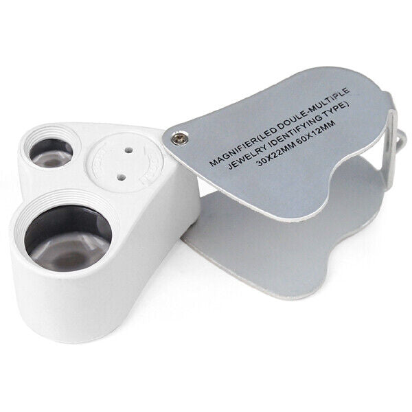 Jewellers Lens Glass Loupe 30X & 60X Magnifier 2X LED Lights Hallmark Gold Watch