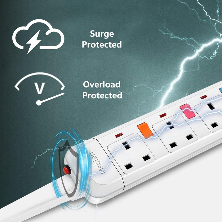 5M Surge Protected Extension Lead Switched Plug 5 Gang Way Mains Powered Cable