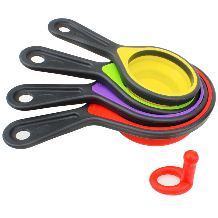 4 Collapsible Silicone Measuring Cup Spoons Kitchen Cooking Aid Set Dry/Liquid