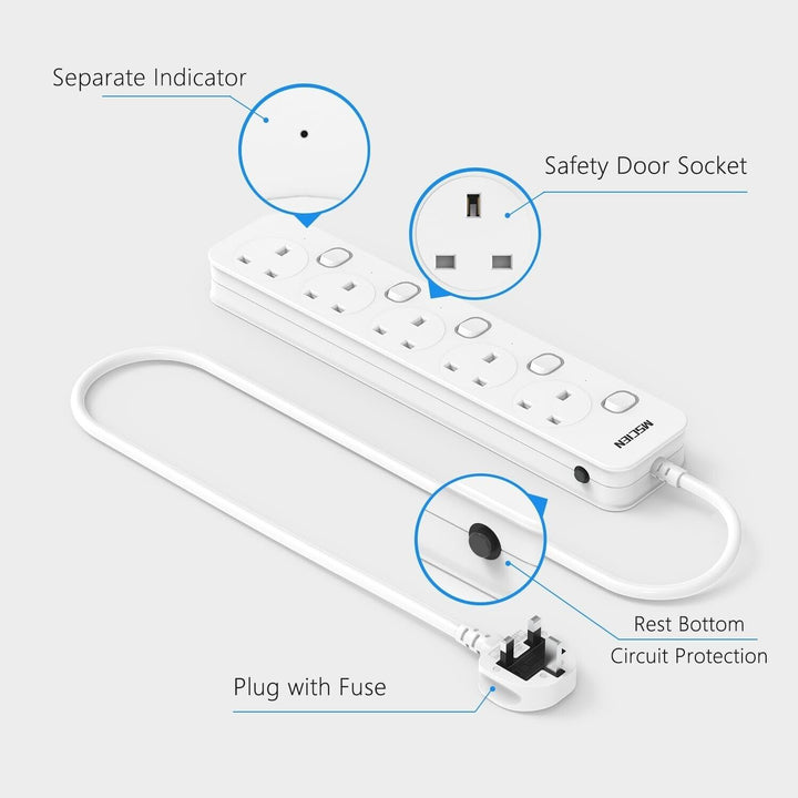1M Surge Protected Extension Lead Switched Plug 5 Gang Way Mains Powered Cable