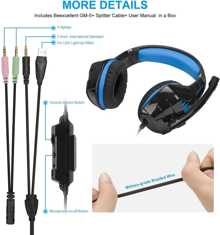 Gaming Headset with Microphone for PC PS4 Xbox One PS5 Headphones LED USB Wired