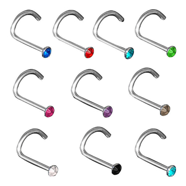 10 x Titanium Steel Nose Screw Stud Rings Rhinestone Crystal Gem Piercing Bars