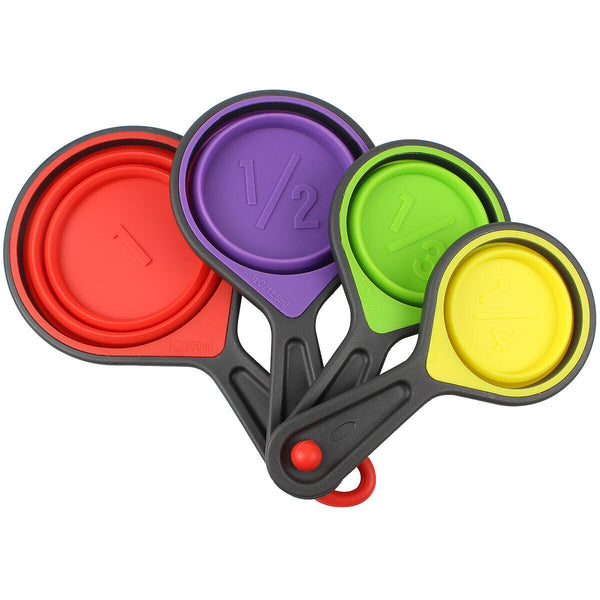 4 Collapsible Silicone Measuring Cup Spoons Kitchen Cooking Aid Set Dry/Liquid