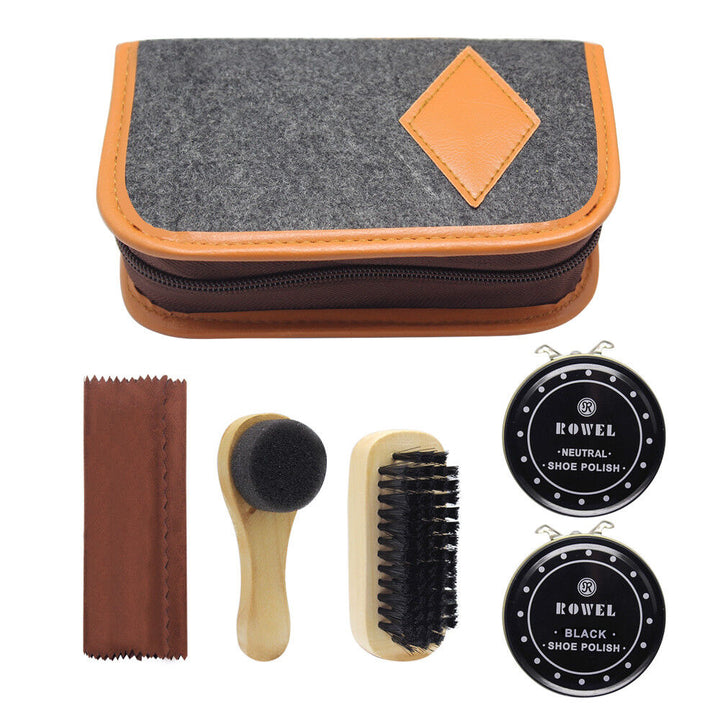 Black & Neutral Shoe Shine Polish Cleaning Brushes Set Kit in Travel Case 