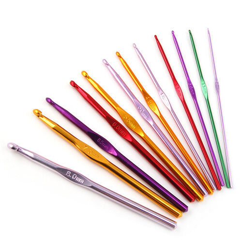 12 Multi Coloured Aluminium Crochet Needles Hooks 2mm-8mm Set Knitting Stitches