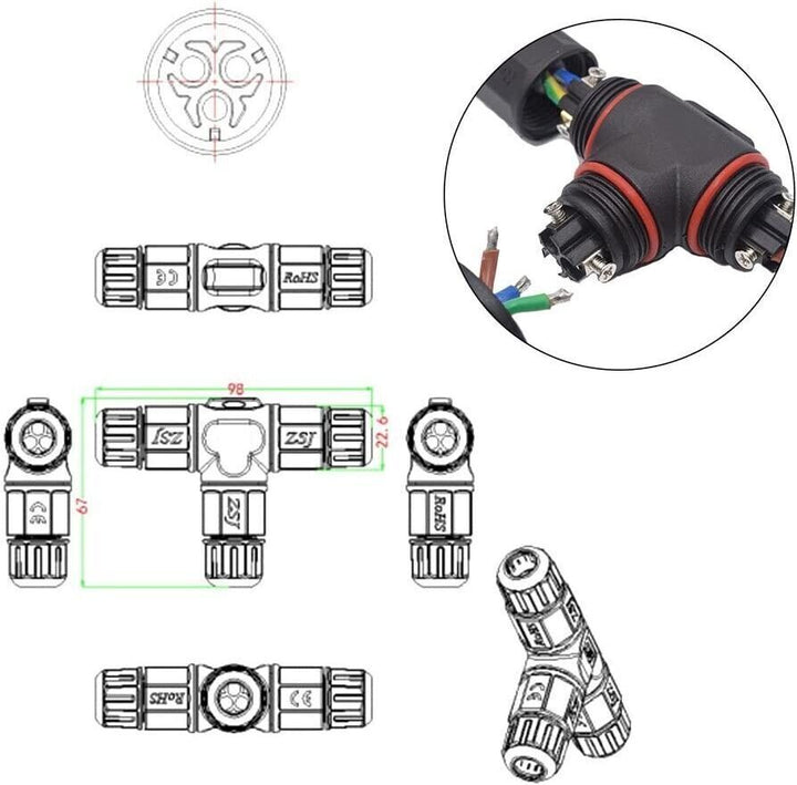 IP68 Waterproof Cable Connector 3 Way Outdoor Electrical Power Lighting Splitter
