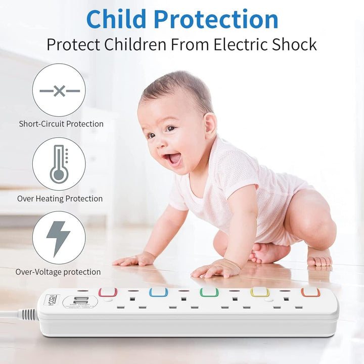 2M Surge Protected Extension Lead Switched Plug 4 Gang Way Mains & 2 USB Ports