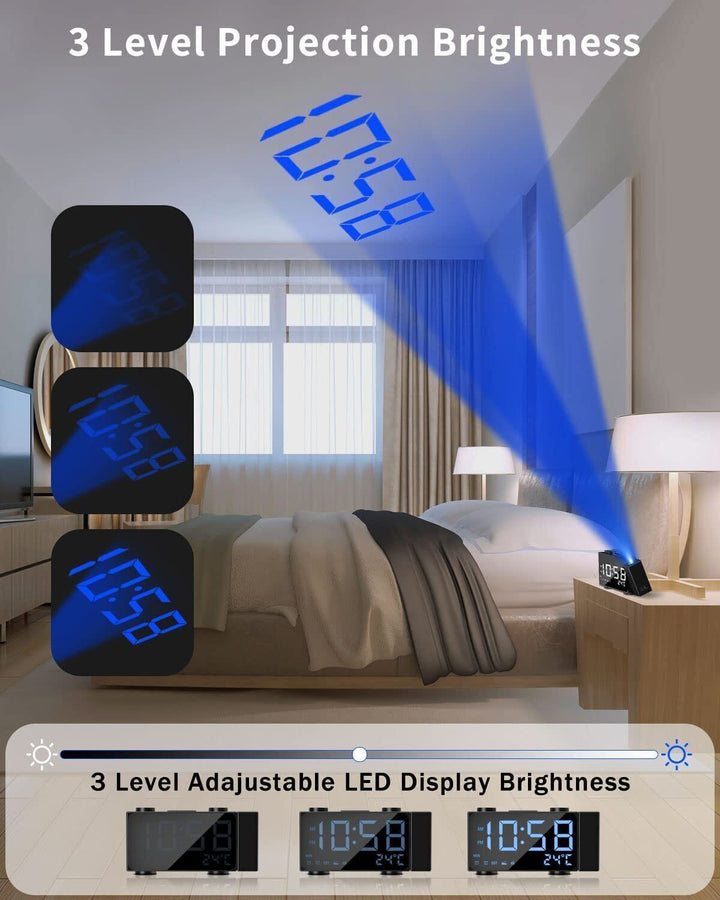 Digital Alarm Clock Projection FM Radio Electric USB Charging Large Display