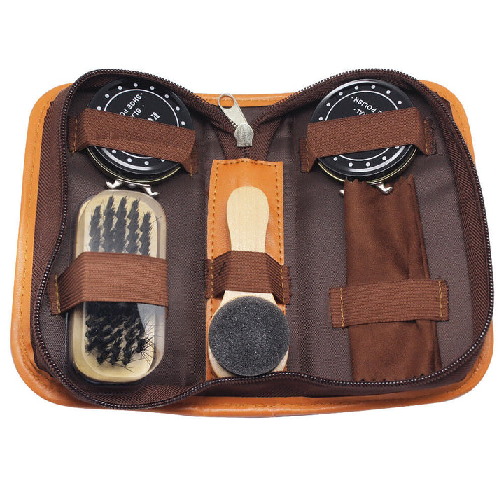 Black & Neutral Shoe Shine Polish Cleaning Brushes Set Kit in Travel Case 
