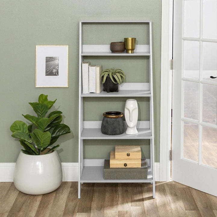 Ladder Bookshelf Grey Slim Tall 4 Tier Bookcase Large Storage Shelving Unit Wood