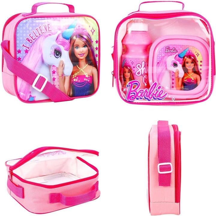 Girls Lunch Box and Bottle Set of 3 Kids Bag for School Plastic Barbie Toddler