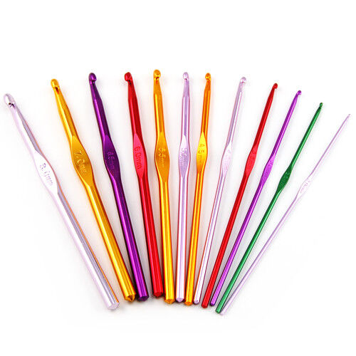 12 Multi Coloured Aluminium Crochet Needles Hooks 2mm-8mm Set Knitting Stitches