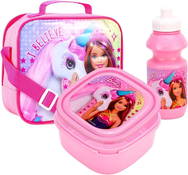 Girls Lunch Box and Bottle Set of 3 Kids Bag for School Plastic Barbie Toddler
