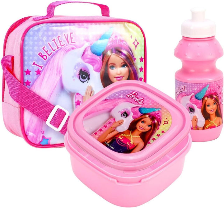 Girls Lunch Box and Bottle Set of 3 Kids Bag for School Plastic Barbie Toddler
