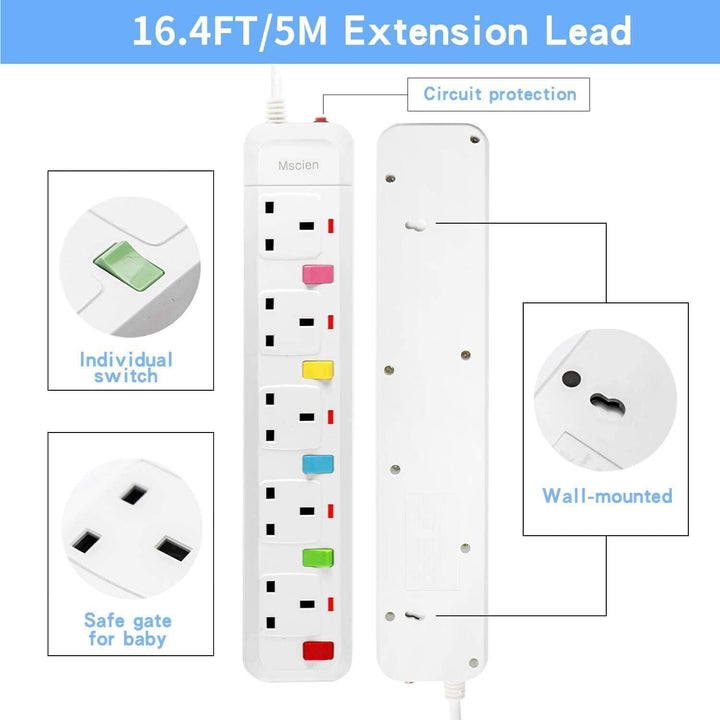 5M Surge Protected Extension Lead Switched Plug 5 Gang Way Mains Powered Cable