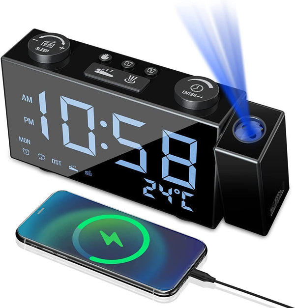 Digital Alarm Clock Projection FM Radio Electric USB Charging Large Display