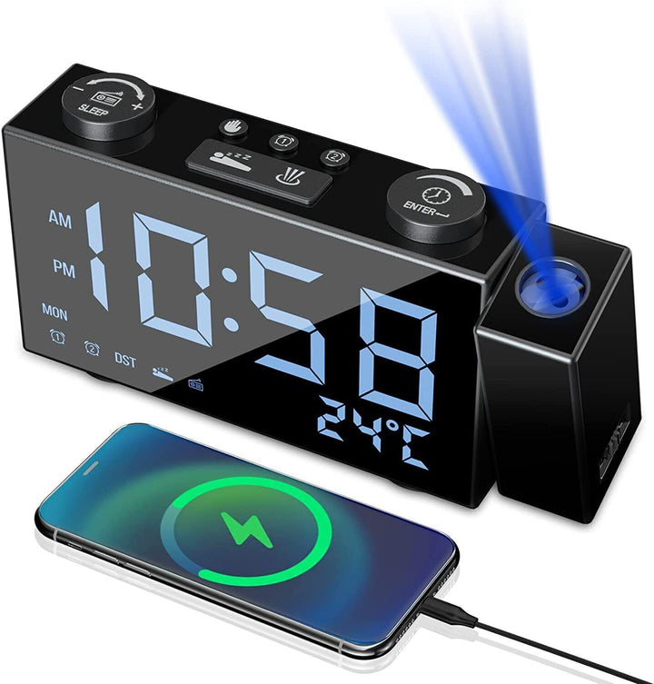 Digital Alarm Clock Projection FM Radio Electric USB Charging Large Display