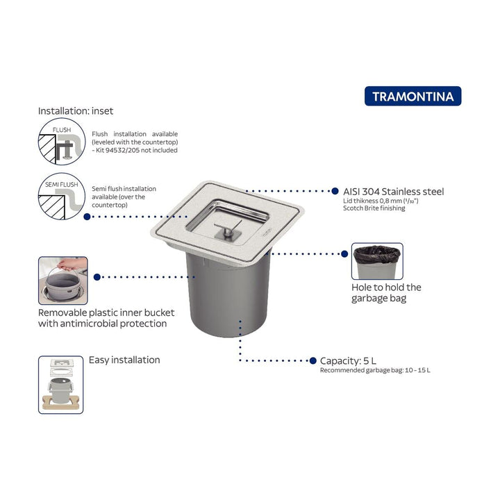 Tramontina 5L Square Kitchen Worktop Inset Bin