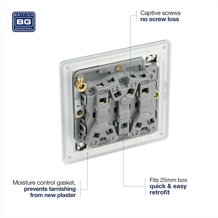 BG Electrical Pearl Nickel Screwless Triple Light Switch