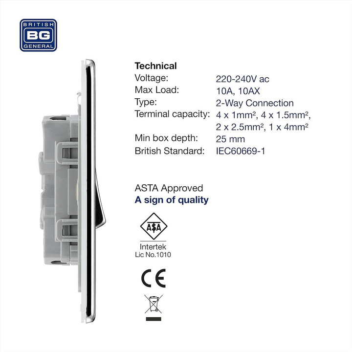 BG Electrical Chrome Screwless Double Light Switch