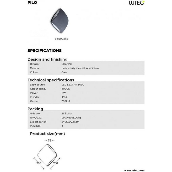 Lutec LED 4000K Wall Light Grey
