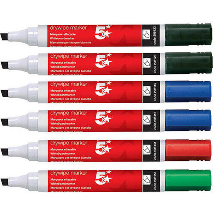 6 Coloured 5 Star Drywipe Markers