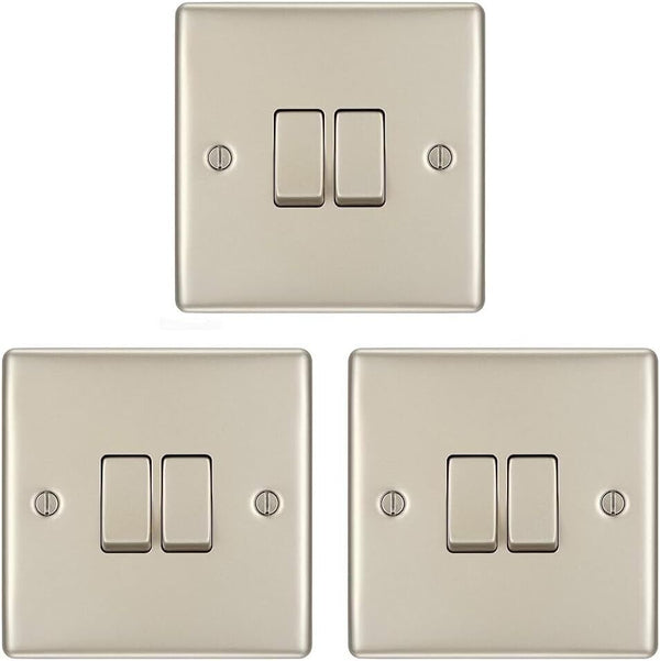 3x BG Electrical Pearl Nickel Double Light Switchs