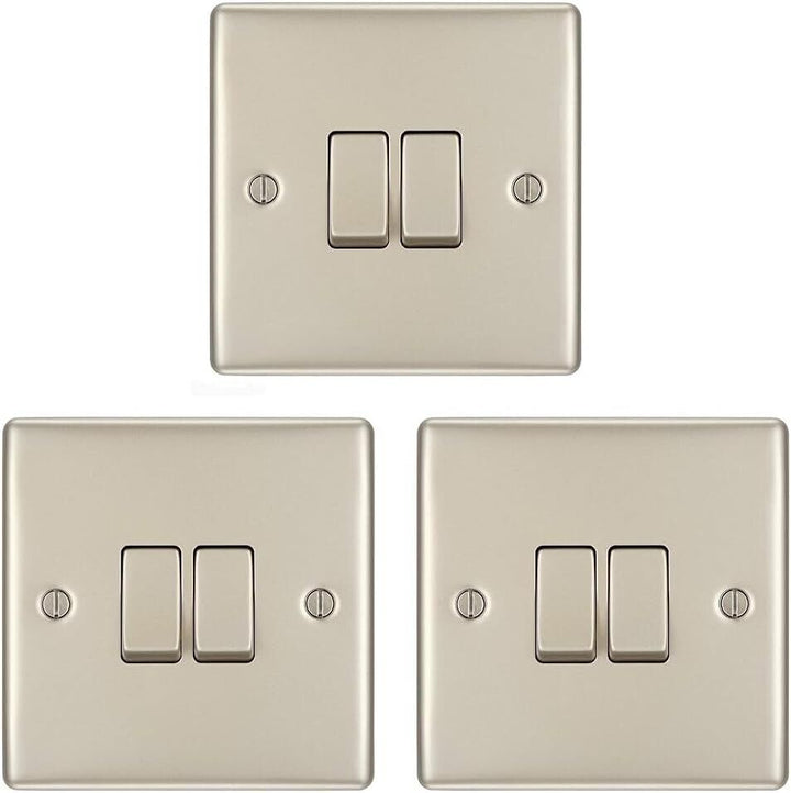 3x BG Electrical Pearl Nickel Double Light Switchs