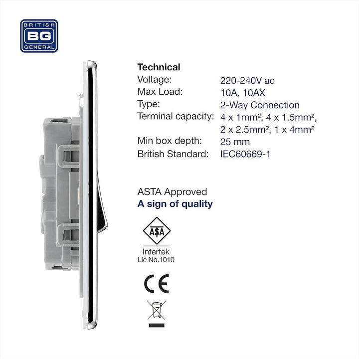 BG Electrical Chrome Screwless Double Light Switch