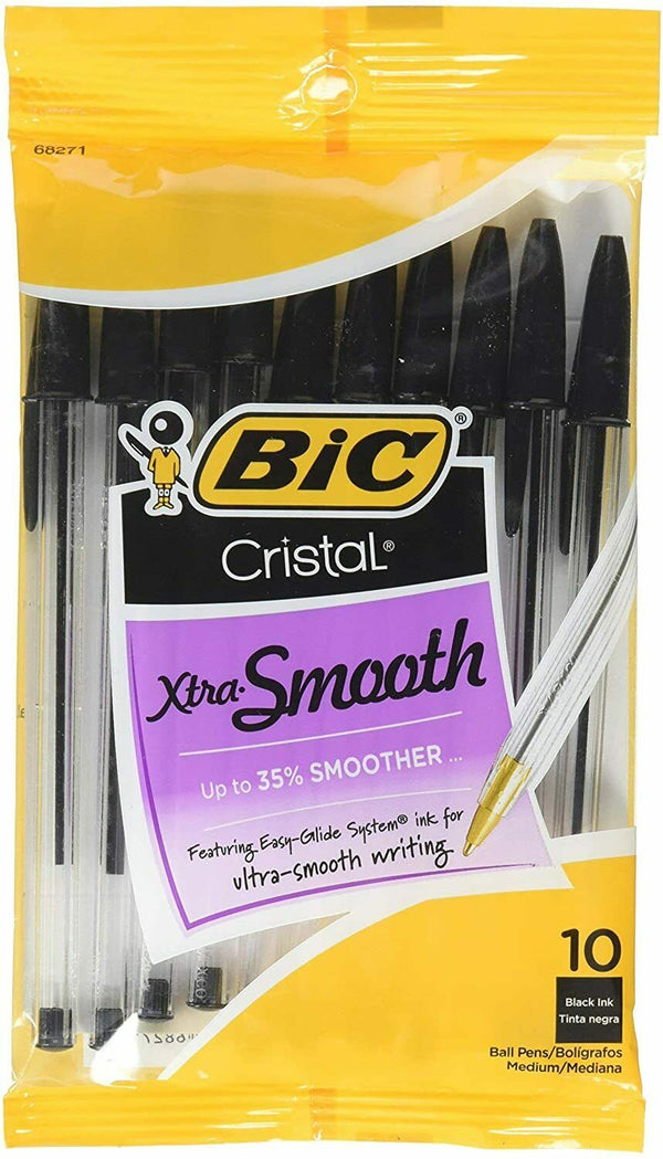 10 Black Bic Cristal Extra Smooth Ballpoint Pens