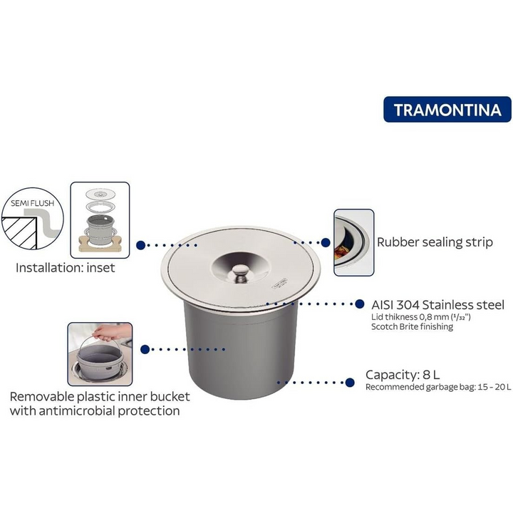 Tramontina 8L Round Kitchen Worktop Inset Bin