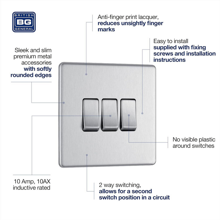 BG Electrical Pearl Nickel Screwless Triple Light Switch