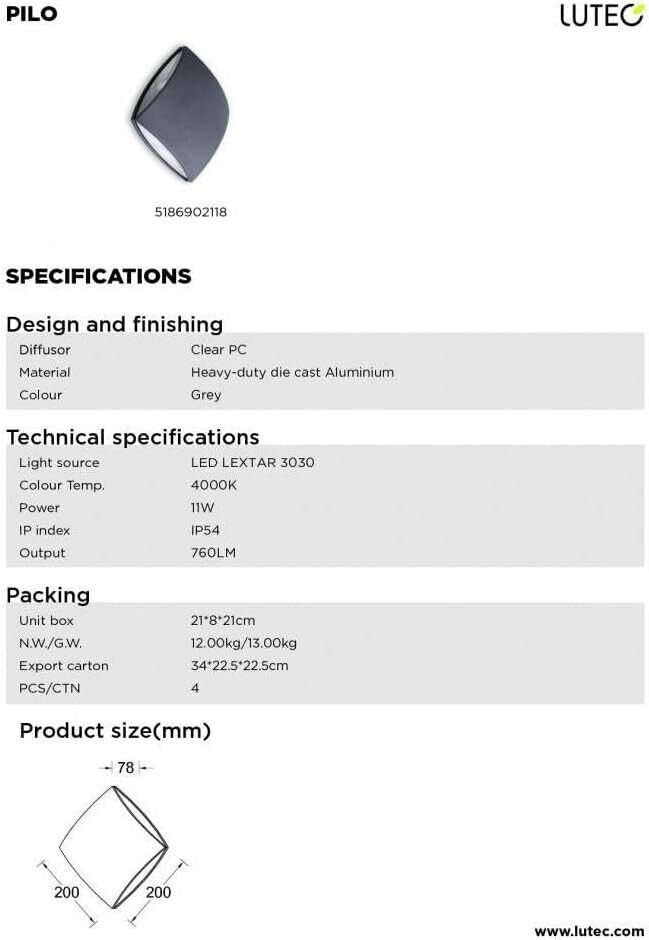 Lutec LED 4000K Wall Light Grey