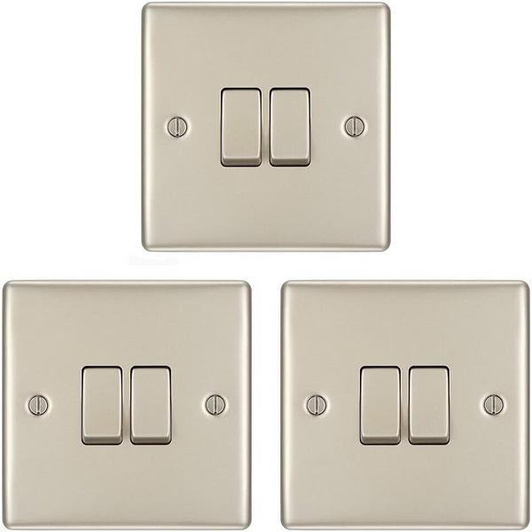 3x BG Electrical Pearl Nickel Double Light Switchs