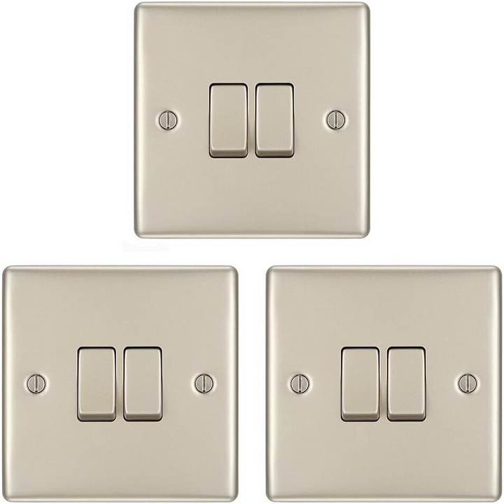 3x BG Electrical Pearl Nickel Double Light Switchs