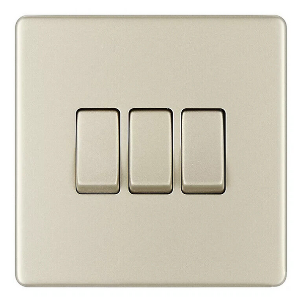 BG Electrical Pearl Nickel Screwless Triple Light Switch