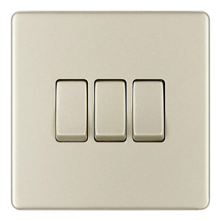 BG Electrical Pearl Nickel Screwless Triple Light Switch