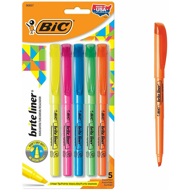 5 Bic Brite Liner Highlighter Pens