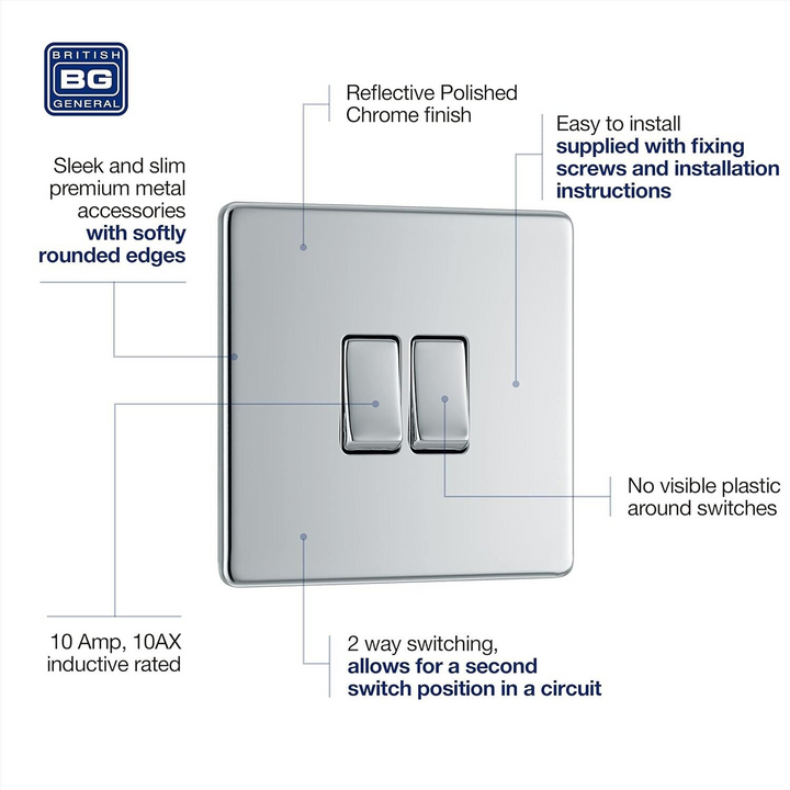BG Electrical Chrome Screwless Double Light Switch