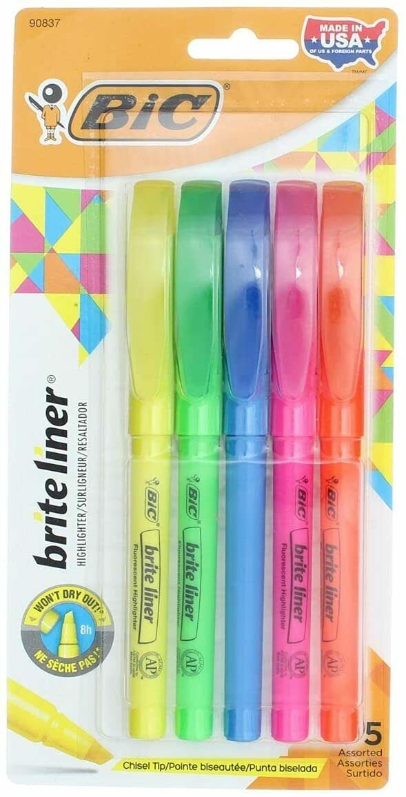 5 Bic Brite Liner Highlighter Pens