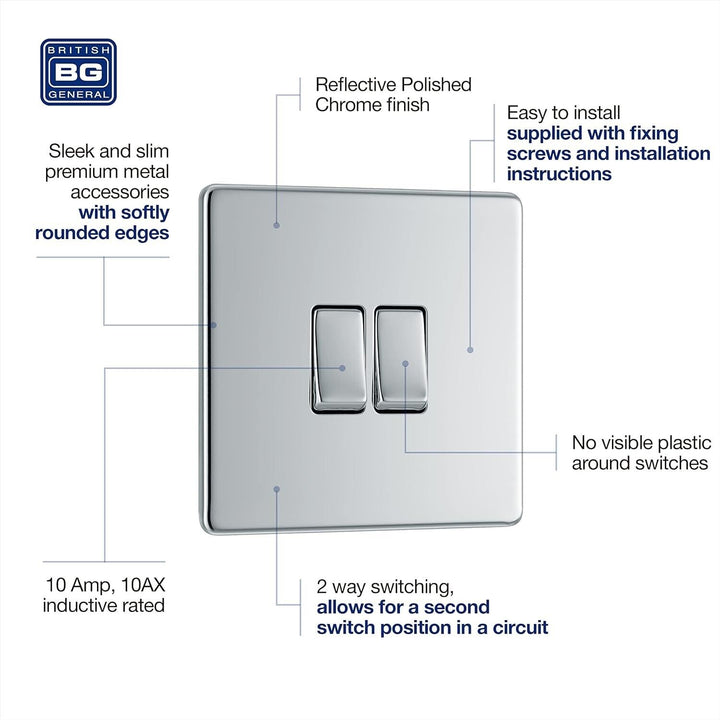 BG Electrical Chrome Screwless Double Light Switch